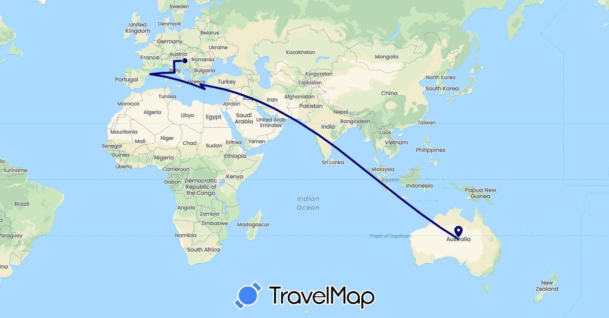 TravelMap itinerary: driving in Australia, Spain, Greece, Croatia, Italy (Europe, Oceania)